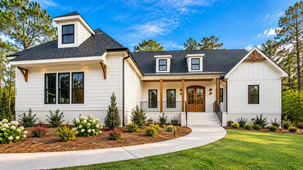 Classic Southern custom home with white siding, wood entry and landscaped front lawn