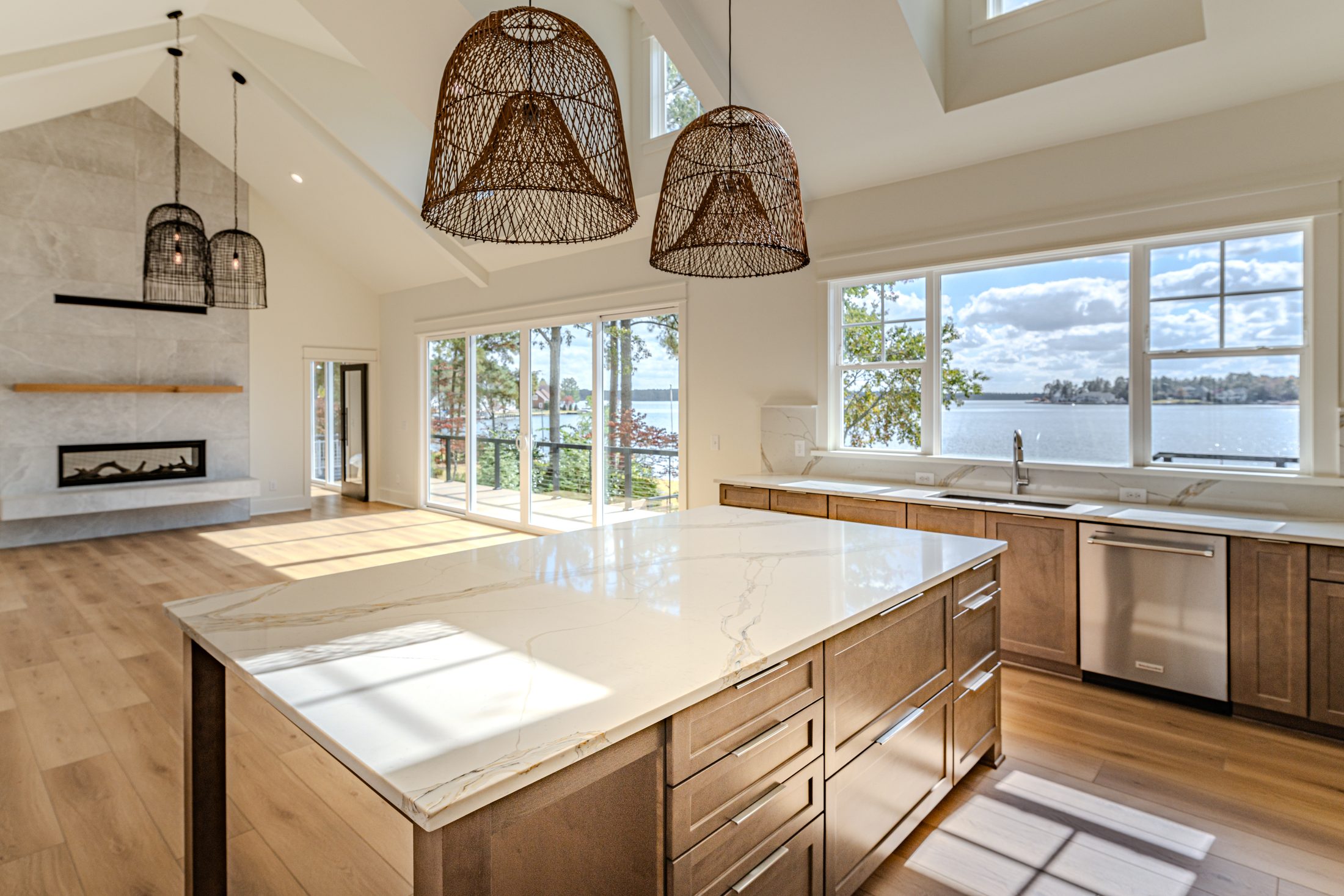 Kitchen island and windows overlooking the lake