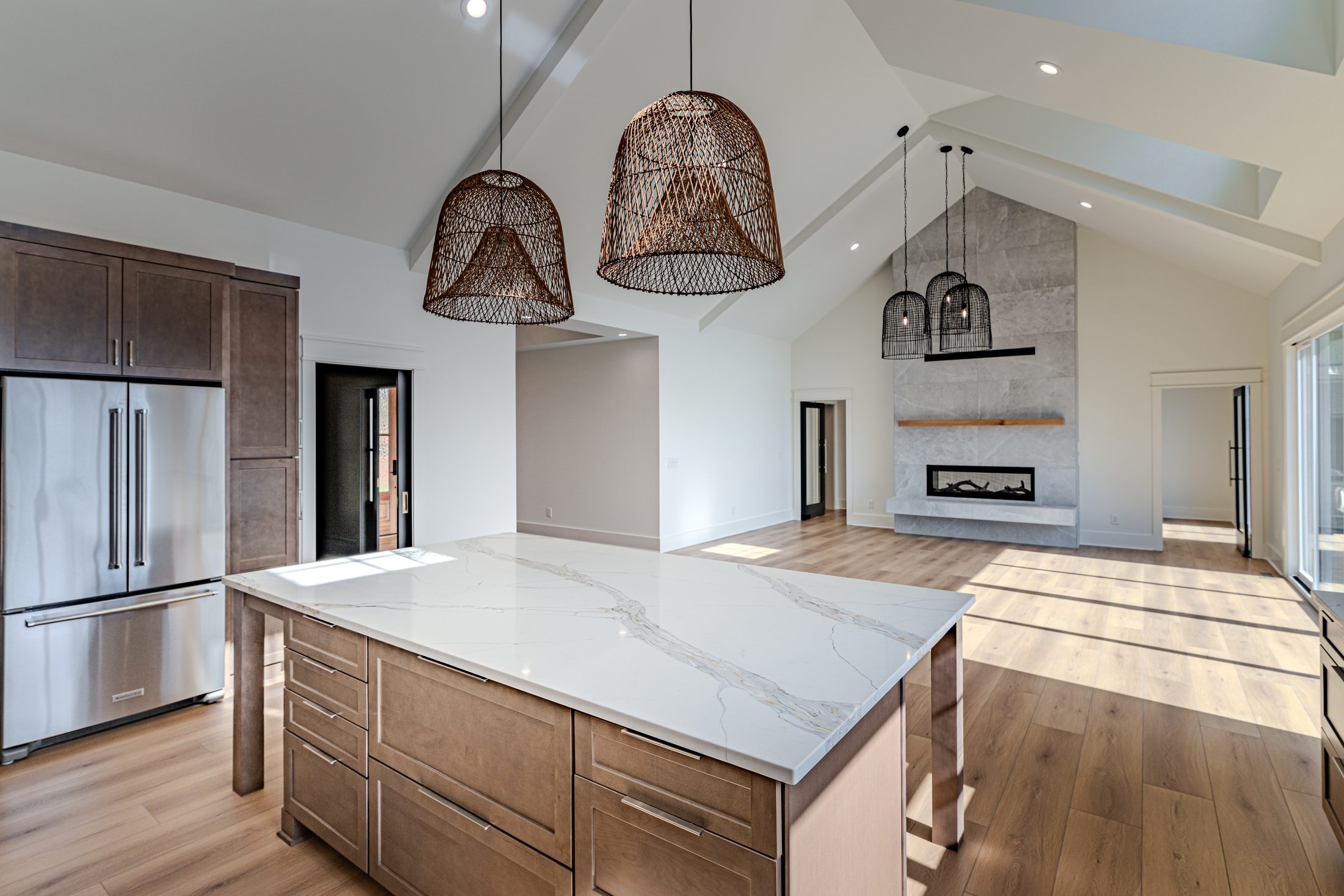Kitchen island looking toward the great room fireplace