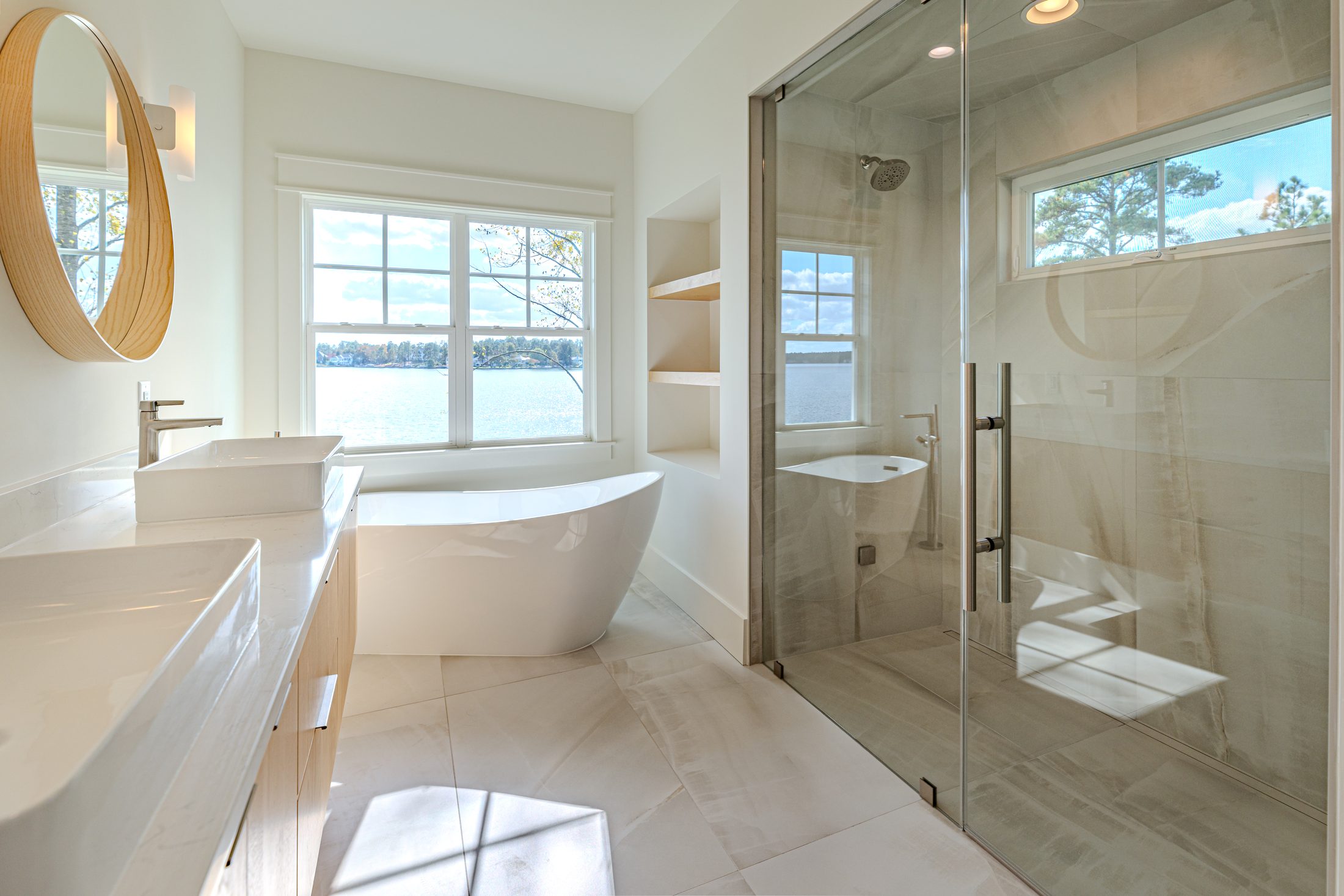 Primary bathroom shower and vanity detail