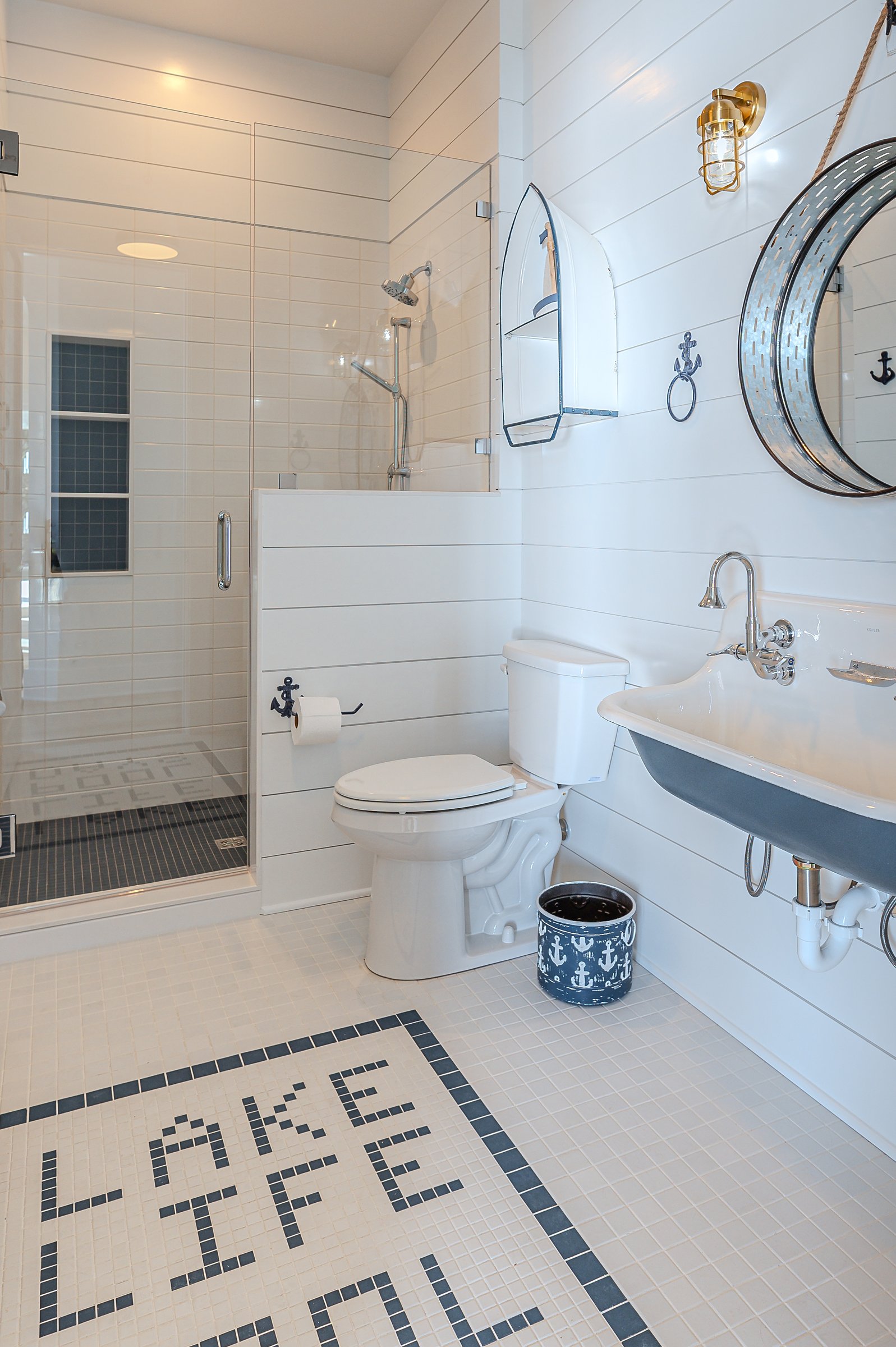 Outdoor living custom home on Lake Auman in Seven Lakes NC — Lake Life bathroom detail