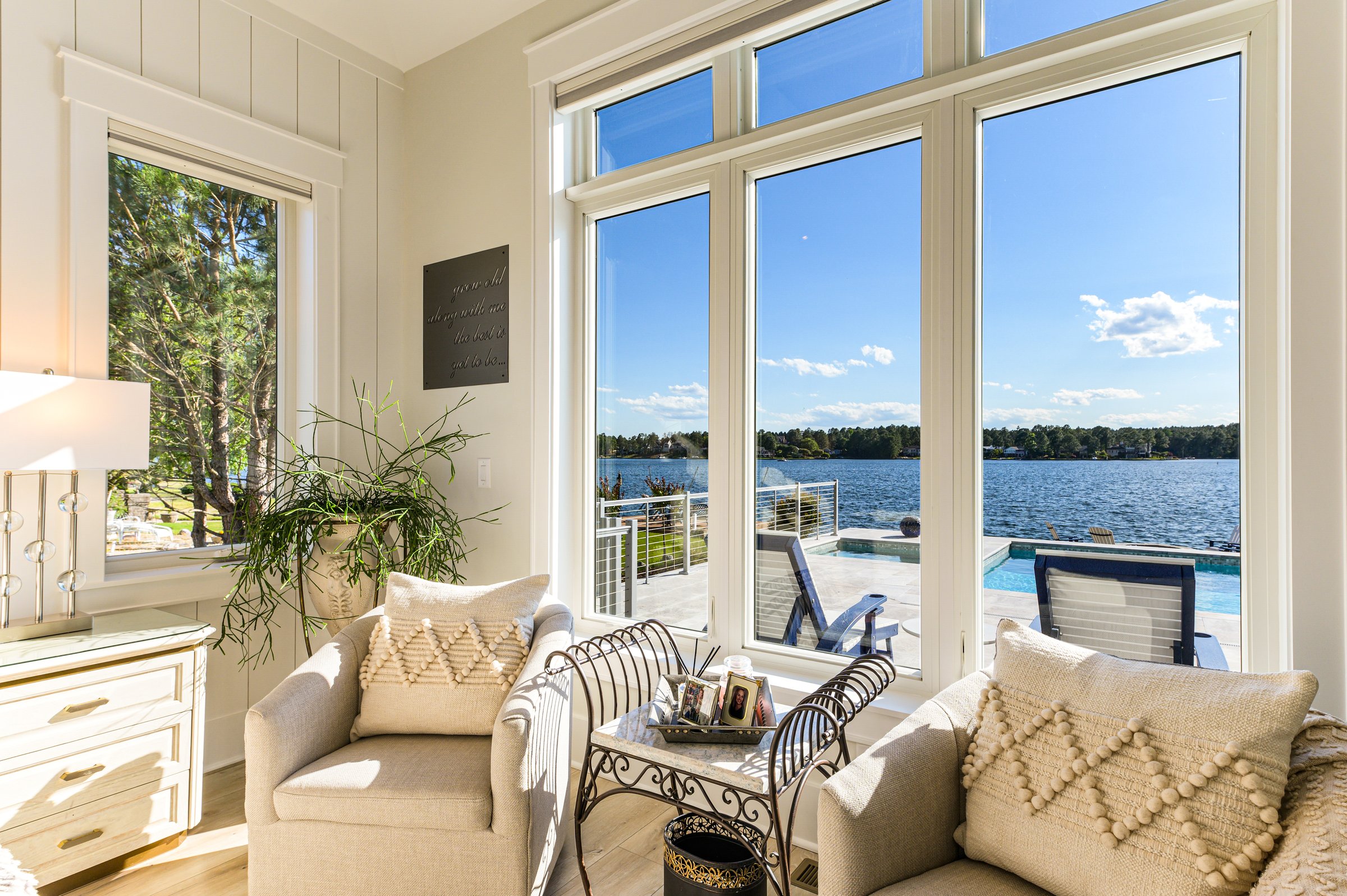 Outdoor living custom home on Lake Auman in Seven Lakes NC — lake view room