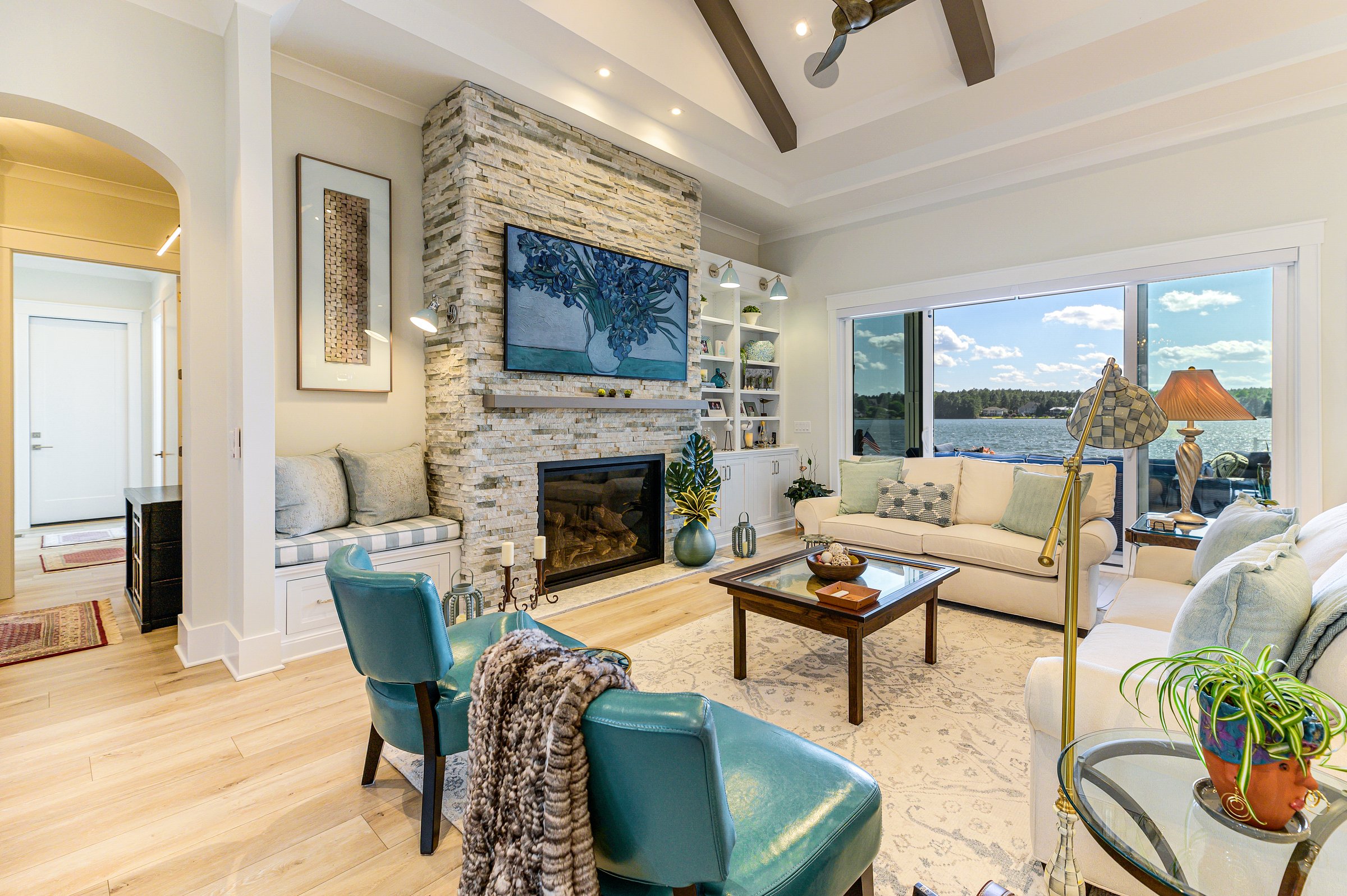 Outdoor living custom home on Lake Auman in Seven Lakes NC — living room