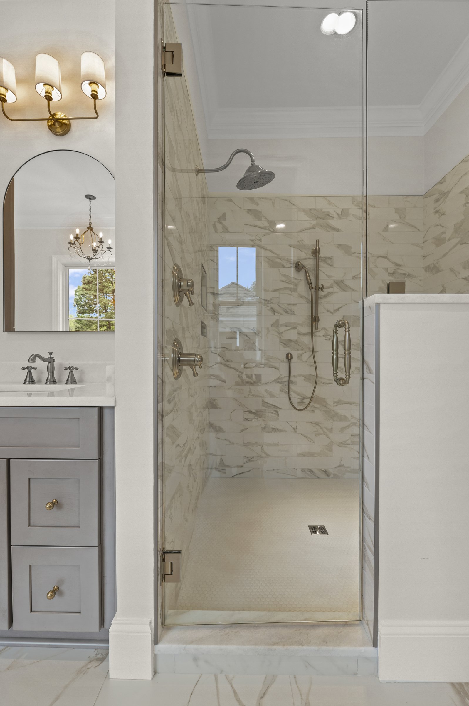 Lakeside custom home on Lake Auman in Seven Lakes NC — primary shower
