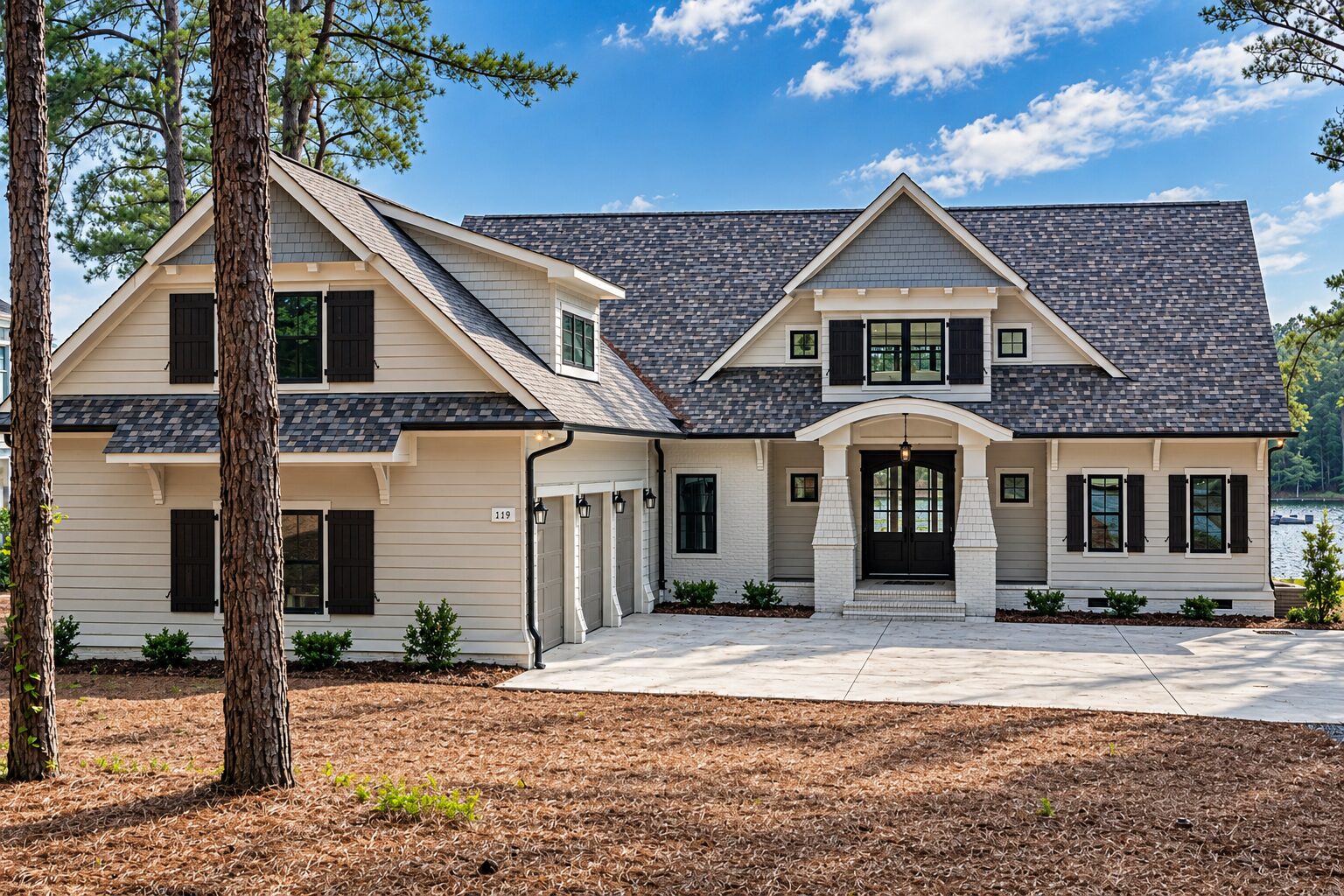 Craftsman custom home on Lake Auman in Seven Lakes NC with gabled rooflines and dark shutters