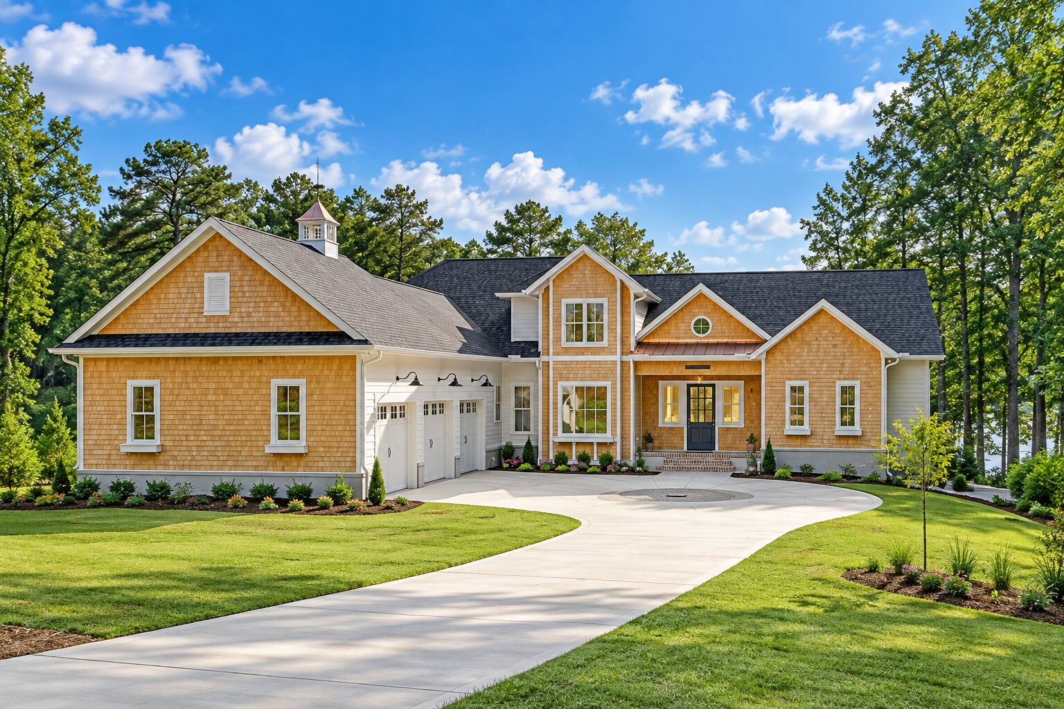 Lakefront custom home in Seven Lakes, NC with curved driveway and landscaped lawn